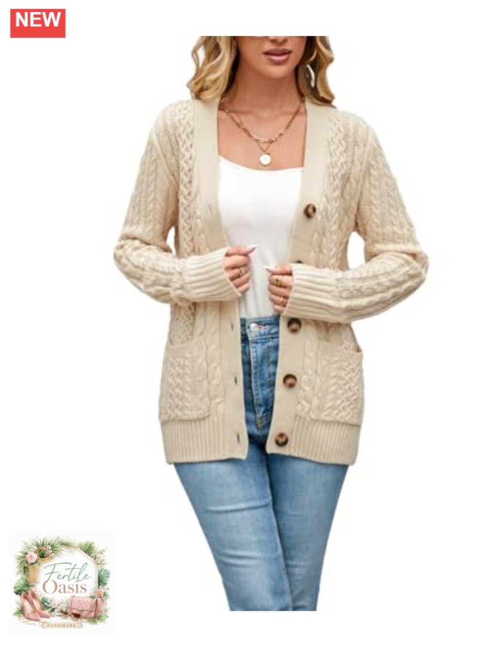 Chunky Cable Knit Cardigan Sweater with Pockets for Women